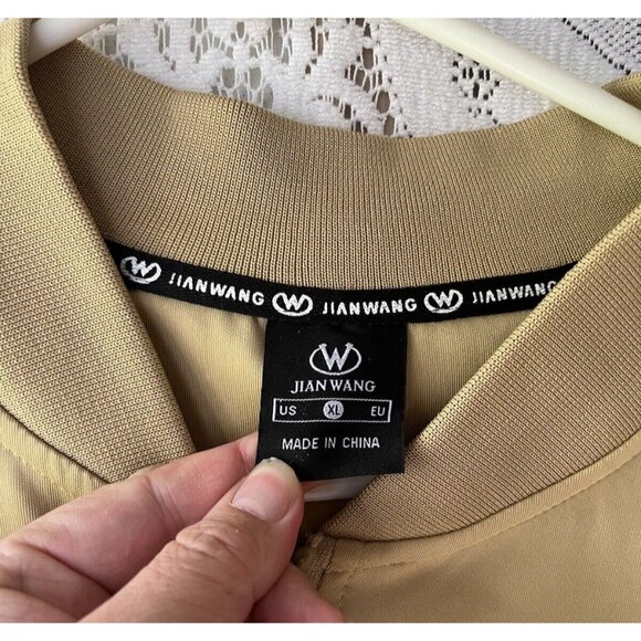 Jian Wang XL Men's 2 Pc Retro Zip Up Pockets Beige Striped Trim Track Suit - Picture 4 of 11